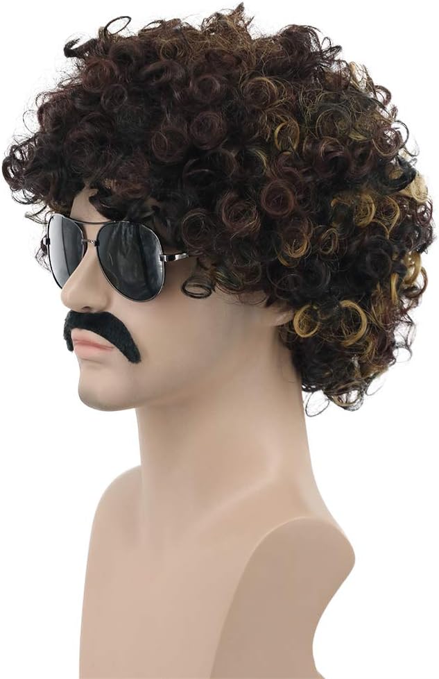 Karlery Men Women Short Curly Bob Brown Wig with Gold Mustache Rocker Disco Afro Wig for California Halloween Cosplay Party and Anime Costume - Image 4