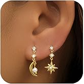 YYDSUNY 14K Gold Plated Dainty Moon Star Drop Earring for Women 925 Sterling Silver Asymmetrical CZ Crescent Stud Earrings for Mother Daughter Trend Hypoallergenic Birthday Valentines Jewelry Gifts
