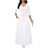 FANDEE Maxi Dress for Women, Long Casual Empire Waist Dresses 3/4 Sleeve V-Neck with Pockets