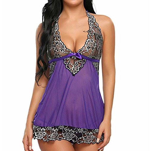 FUNIC Women Sexy Lingerie Nightwear Underwear Sleepwear Lace Babydoll Dress (Purple, 2XL)