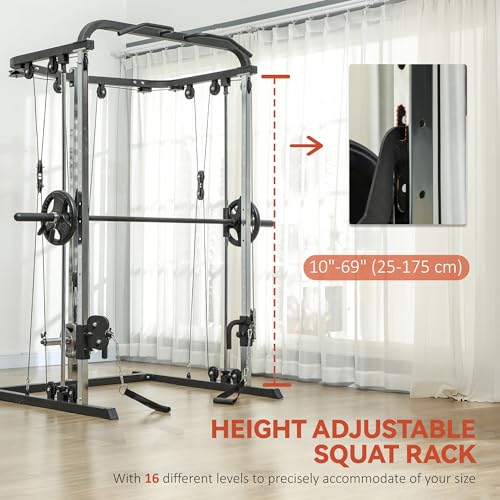 Soozier 3 in 1 Smith Machine, Multi-Functional Power Cage with Cable Crossover System, Pull up Station, 16-Level Squat Rack and Barbell Bar, Home Gym Machine