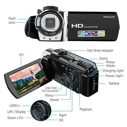 Camcorder, HAMSWAN Digital Camcorder Full HD Video Camera 1080P 24MP, 16X Digital Zoom, 3.0 Inch LCD Screen with 270 Degree Rotation, HDMI Output