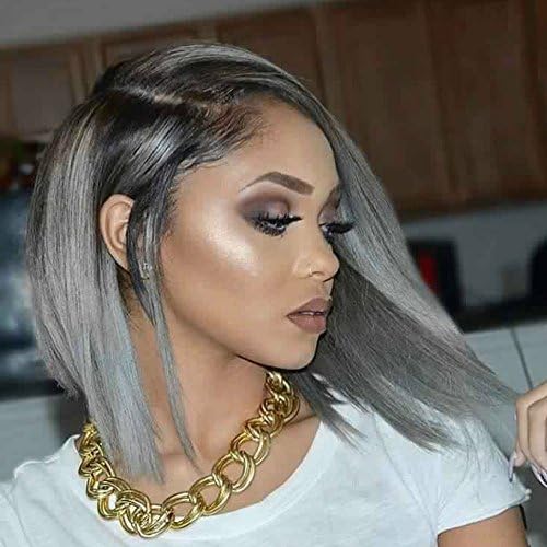 Human Hair 1B/grey Wigs Silky Straight Brazilian Human Hair lace front Wig For Black White Women Ombre Gray Color 130% Density (10 Inch, full lace wig)