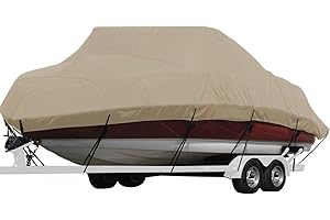 Seamander Waterproof Boat Cover, Solution-Dyed Yarn Marine Grade Cover Fits 16' to 18.5' ft Bass, V-Hull, Tri-Hull, Fish & Ski, Runabout Bowrider Boats - Heavy Duty Canvas Beige