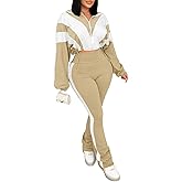 Vssjavun Women 2 Piece Outfit Color Block Long Sleeve Zip Drawstring Cropped Jacket Bodycon Long Pants Set Sweatsuit
