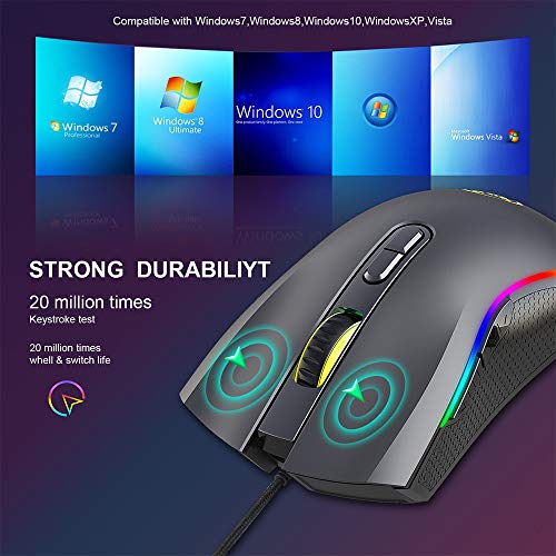 GTRACING Gaming Mouse 7200 DPI 7 Programmable Rgb Wired Ergonomic Game Usb Computer Mice Rgb Gamer Desktop Laptop Pc Gaming Mouse, Breathing Light 7 Buttons for Windows 7/8/10/XP Vista , Black