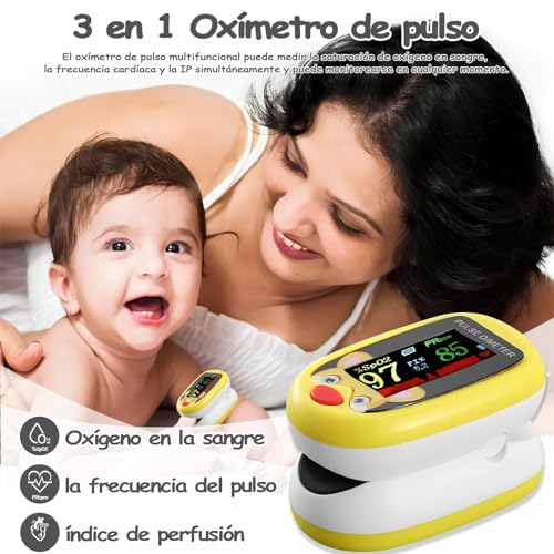 Oximetro pediatrico, oximetro digital recargable, puede monitorear la saturación de oxígeno en sangre, frecuencia del pulso y PI al mismo tiempo, adecuado para pruebas y monitoreo diarios (Amarillo)