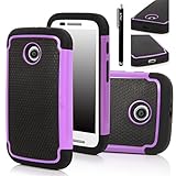 Moto E Case, Motorola E Case - E LV Motorola Moto E Case Cover Shock-Absorption / High Impact Resistant Hybrid Dual Layer Armor Defender Full Body Protective Case Cover for Motorola Moto E XT1021 / XT1022 / XT1025 with 1 Stylus and 1 E LV Microfiber Digital Cleaner (Purple)