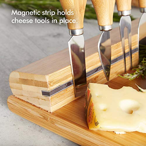 VonShef Bamboo Cheese Board Server Plate with Integrated Wire Cutter and 4 Piece Stainless Steel Cheese Knife Serving Utensil Set, wooden, with Gift Box
