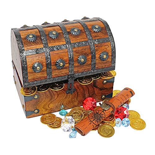 Nautical Cove Wooden Pirates Treasure Chest Box with a Free Pirate Treasure Map and Gold Coins/Gems (Large 8"x6"x6")