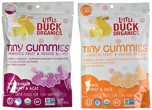 Little Duck Organics Tiny Gummies Probiotic Fruit & Veggie Snacks 2 Flavor Variety Bundle: (1) Little Duck Organics Pomegranate/Blueberry/Acai, & (1) Little Duck Organics Orange/Carrot/Acai, 3 Oz. Ea.