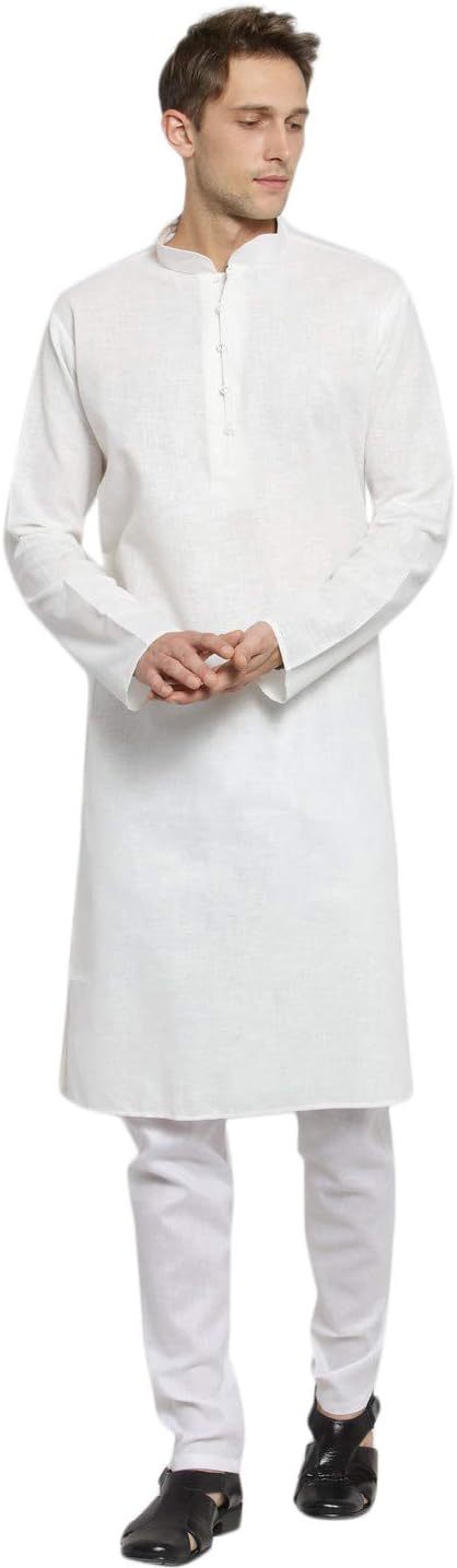 RG DESIGNERS Cream Plain Cotton Linen Kurta Pyjama Set for Men
