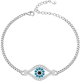 Fenthring Sterling Silver Evil Eye Bracelet for Women Greek Evil Eye Bracelets Turkish Protection Blue Third Link 9 inch Chain