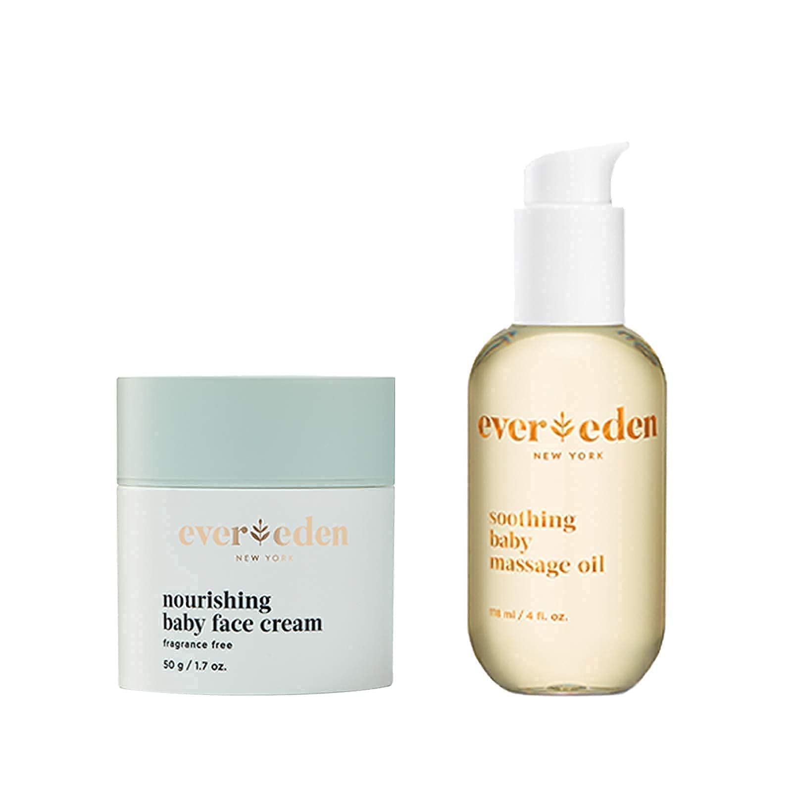 Evereden Soothing Baby Massage Oil, 4 fl oz & Nourishing Baby Face Cream, 1.7 oz | 2 Item Bundle Set | Clean and Unscented Baby Care