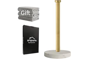 27HZYS Gold Standing Paper Towel Roll Holder for Kitchen Bathroom Countertop, with Weighted Marble Base for One-Handed Operat
