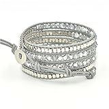 Here Fashion Grey Crystal Faceted Cut Agate Brown Leather Bracelet, 5 Wraps, 4mm/bead