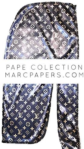 Pape Collection | Premium Luxury Silk Material | Designer Durag for Men | Navy & Gold LV Print | 100% Super Stretchy Elastic | Seamless Stitches | Luxury Fashion Design | Perfect for 360 Waves