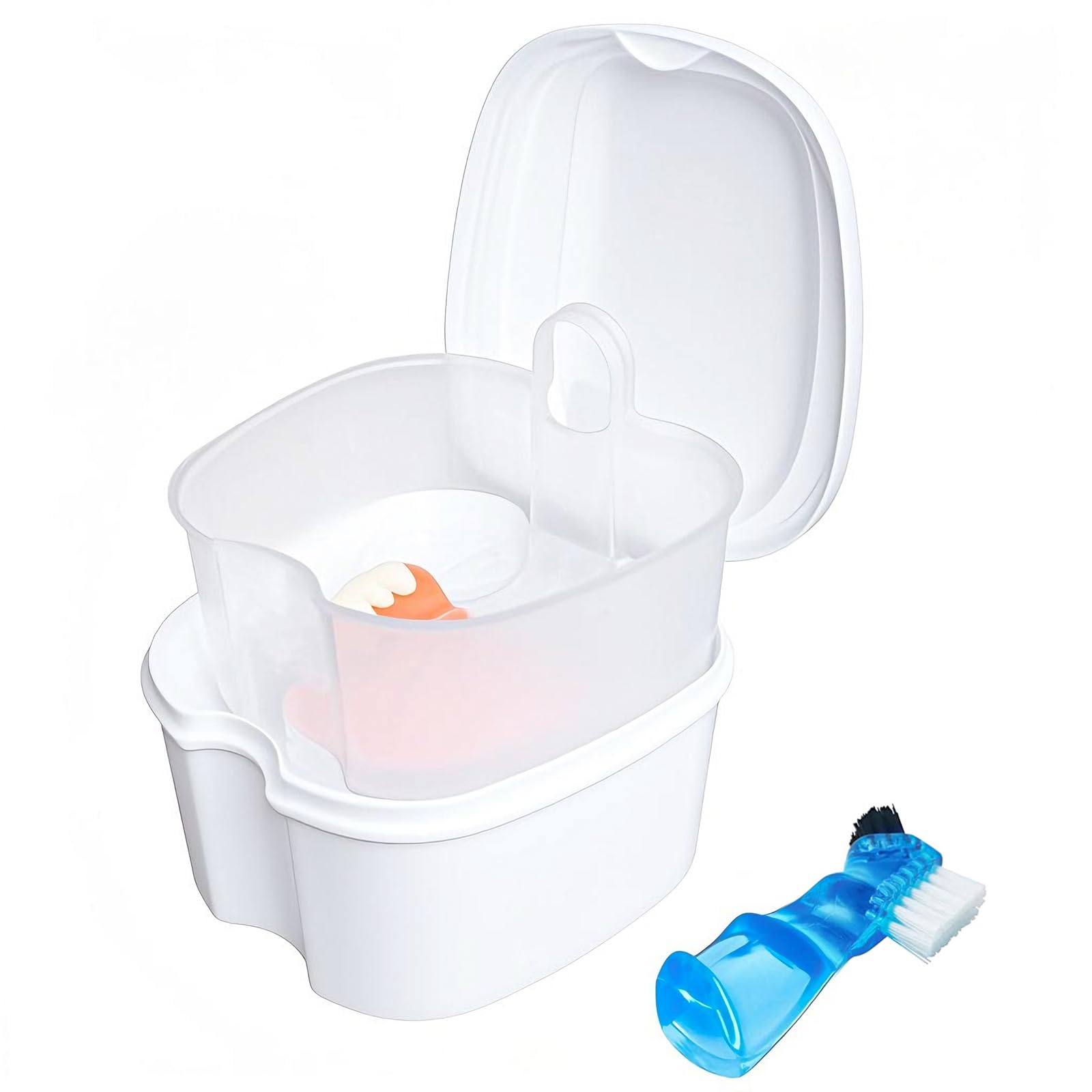 Denture Soaking Box Orthodontic Retainer Bath Case with Strainer Basket, False Teeth Container Dental Denture Bath Box Case Cup for Travel Cleaning - White — image 1