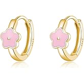 SLUYNZ Solid 925 Sterling Silver Pink Flower Earrings Hoop for Women Teens Cute Flower Hoop Earrings Huggie