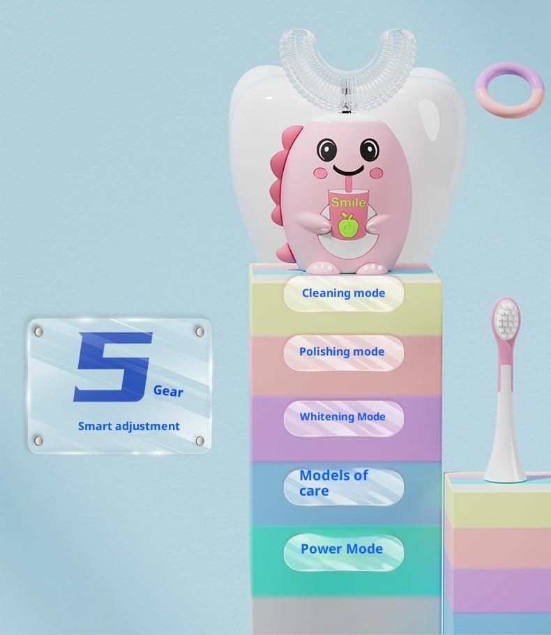 Cartoon Kids U-Shaped 360º Ultrasonic Electric Toothbrush cleaning Gift Box Set,Blue Led-Lights| IPX7 Waterproof | 5 Modes | 50s Smart Timer | 360° Full Mouth Cleaning Automatic(2-12age) (Pink)