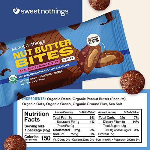 SWEET NOTHINGS, SUPERFOOD NUT BUTTER BITES ORGANIC SNACK, CHOCOLATE WITH PEANUT BUTTER, 2 BITE PACKS – NO ADDED SUGAR, PLANT BASED, VEGAN, ONLY 7 INGREDIENTS
