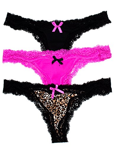 Caramel Cantina Lace Trim Thong Panties 3-Pack (Large, Cheetah/Pink/Black)