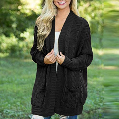 Clearance Sale! Pervobs Womens Knitted Cardigan Loose Solid Open Front Long Sleeve Pocket Sweater Coat Tops Blouse(XL, Black)