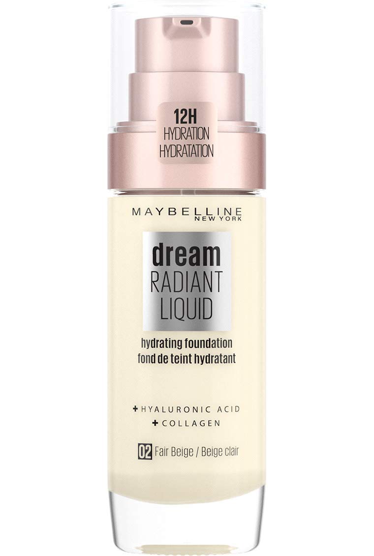 Maybelline Foundation, Dream Radiant Liquid Hydrating Foundation with Hyaluronic Acid and Collagen, Lightweight, Medium Coverage Up to 12 Hour Hydration, 2 Fair Beige
