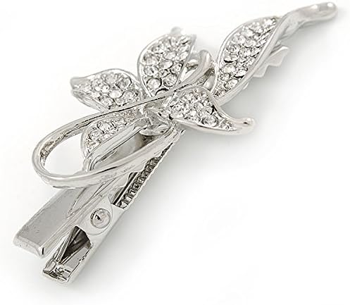 Clear Crystal Butterfly Hair Beak Clip/Concord Clip/Clamp Clip In Silver Tone - 55mm L, silver, white / ivory - Image 5
