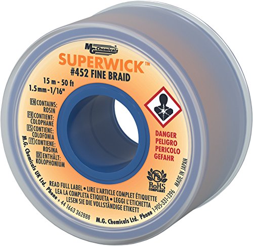 MG Chemicals - 452 Desoldering Braid #2 Fine Braid Super Wick with RMA Flux, 50' Length x 0.05" Width, Yellow