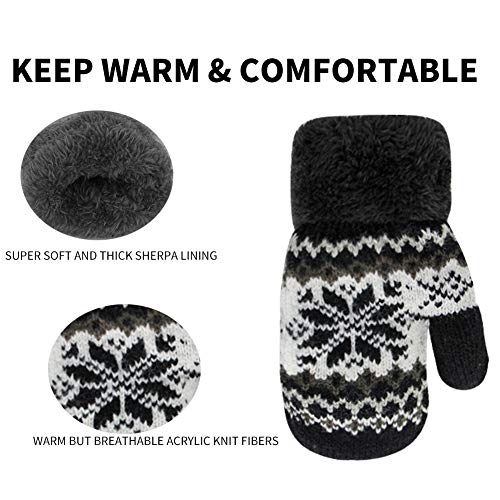 ORVINNER 3 Pairs Baby Toddler Winter Mittens Kids Warm Sherpa Lined Mittens Thicken Knit Gloves for Boys Girls (Snowflakes/Black+Snowflakes/Khaki+Snowflakes/Red)