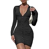 DAAWENXI Women's Sexy Long Sleeve Ruched Button Down Front Mini Shirts Dress