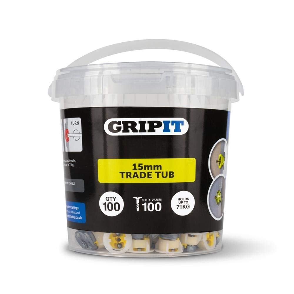 GripIt 152-25100 Yellow 15mm Plasterboard Fixings For Stud Walls - Max Load 71Kg (100 Pack)