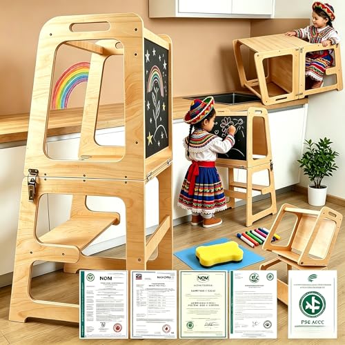 YISHEN 4In1 Torre de Aprendizaje Montessori,Torre Montessori para Niños Antideslizante,Torre de Aprendizaje con Tablero Blanco y Negro,Ajustable en Altura,con Pincel y Borrador,para Niños de 1a3 Años