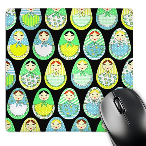Cute Russian Matryoshka Nesting Dolls Print - Cool Colors Black - Mouse Pad, 8…