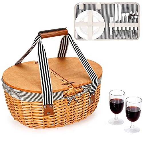 Wicker Picnic Basket Set for 2 with Double Wooden Lids & Handles