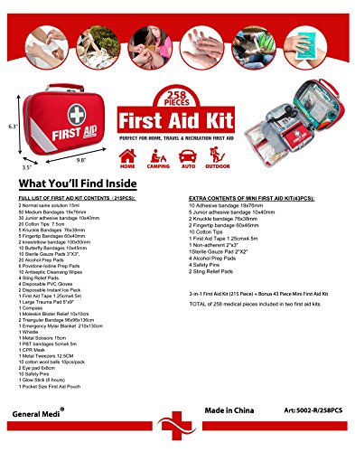 2-in-1 First Aid Kit (215 Piece) + Bonus 43 Piece Mini First Aid Kit - Includes Emergency Blanket, Bandage, Scissors for Home, Car, Camping, Office, Boat, and Traveling - Thumbnail 5