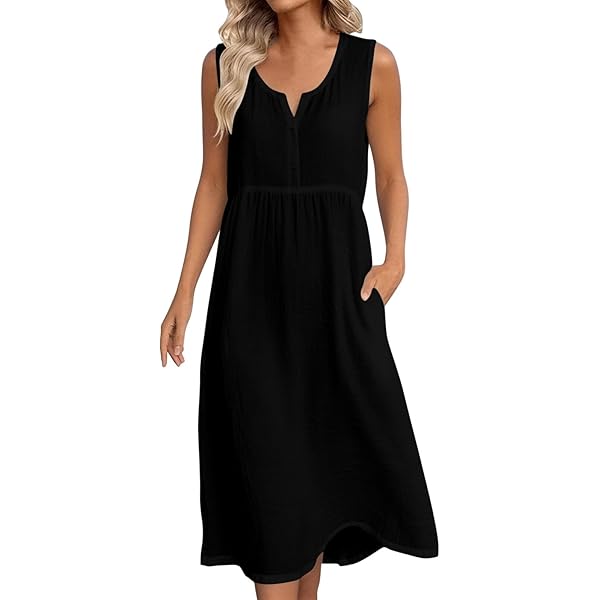 Frostluinai Sun Dresses Women Trendy 2026 Linen Midi Dresses for Women  Summer Solid Boho Beach Dress Crew Neck Sleeveless Sundresses with Pockets  Black : Amazon.ca: Clothing, Shoes & Accessories