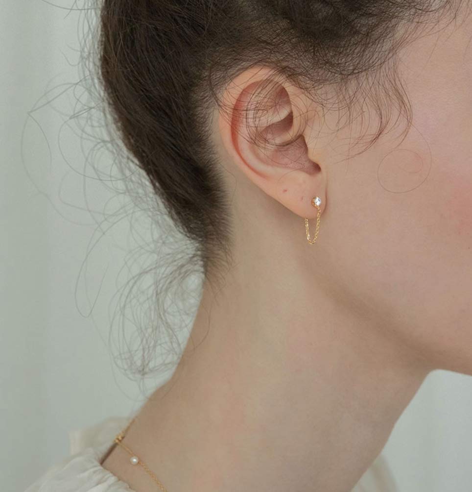 S.Leaf 925 Sterling Silver 18Karat Gold Plated Chain Earrings for Women Hypoallergenic Cubic Zirconia Pearl Butterfly Stud with Chain Earrings Birthday Gifts for Women