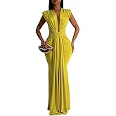 Yuopeid Women's Sexy Sleeveless Deep V Neck Fashion Ruched Bodycon Floor Length Formal Evening Party Maxi Long Dress