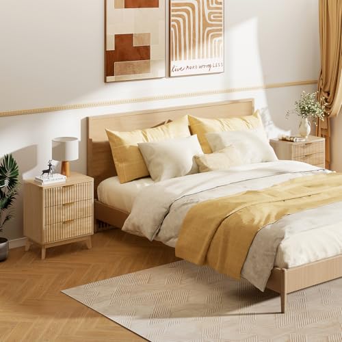 LYNCOHOME Fluted Nightstand, Bedside Table with Storage, Tall Night Stand with Drawers for Bedroom, Nature