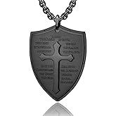 Yaumatea Armor of God Cross Pendant Necklace, Shield of Faith, Ephesians 6:16-17, Religious Amulet, Knights Templar Crusader, Stainless Steel 24" Chain