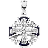 Claddagh Gold Elegant Sterling Silver Diamond Jerusalem Cross Pendant with Blue Enamel