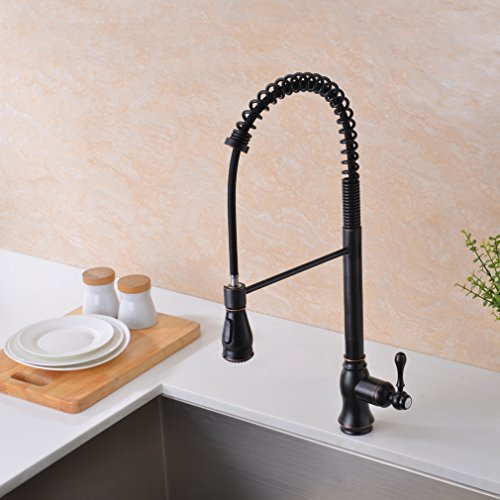 GICASA Solid Brass High Arch Oil Rubbed Bronze Single Handle Pull Out Sprayer Kitchen Sink Faucet, Commercial Style Bronze Pull Down Spring Kitchen Faucets