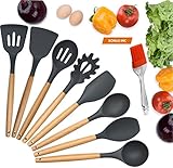 9-Piece Silicone Kitchen Utensils BONUS Silicone Pastry Brush Kitchen -Heat Resistant Cooking Utensil Set with Natural Hard Wood Handle, Non-Stick, BPA Free (Dark Gray)