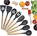BUDNLE Silicone Kitchen Utensils 9-Piece BONUS Silicone Pastry Brush Kitchen -Heat Resistant Cooking Utensil Set with Natural Hard Wood Handle, Non-Stick, BPA Free (Dark Gray)