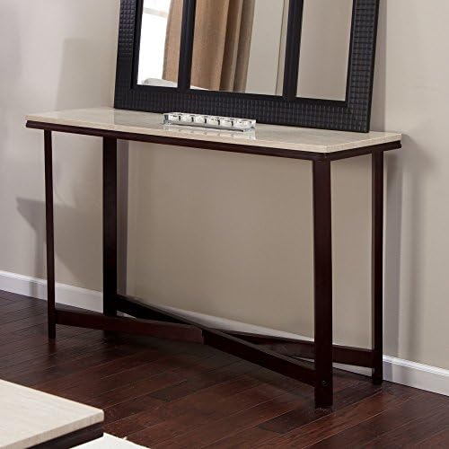Rectangle Console Table with Faux Travertine Top and Wood Base in Espresso Finish