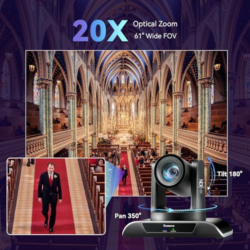 Tenveo PTZ NDI Camera 20x Optical Zoom with AI Auto Tracking, HDMI/LAN/USB3.0 PoE, FHD 1080P 60FPS for Church/Live Streaming/Video Conferencing