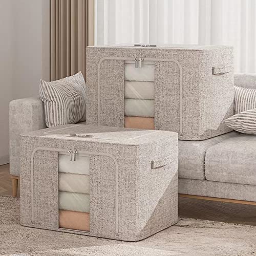 Ymlike 2 Pack Clothes Organizer Box Storage, Foldable Metal Frame Clothing Storing Bins with Double Visable Window, Large Capacity Cloth Container with Reinforced Handles, (66 L, Grey)