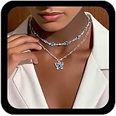 Jugielu Boho Layered Sapphire Necklace Sapphire Butterfly Pendent Necklace Blue Crystal Bead Choker Necklaces Cz Butterfly Wing Necklaces Gemstone Beaded Choker Jewelry for Women